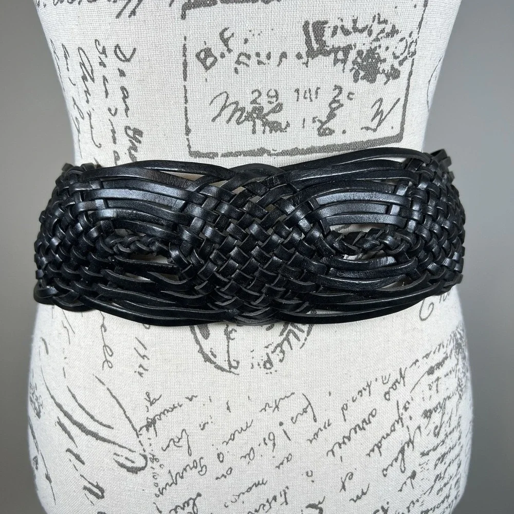 Linea Pelle Handmade Woven Wide Leather Belt Med Black Boho Western Festival NWD